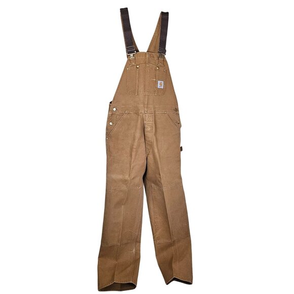 VTG Carhartt Brown Duck Canvas Bib Overalls 36x32 DOUBLE KNEE Cargo Carpenter - Picture 1 of 11